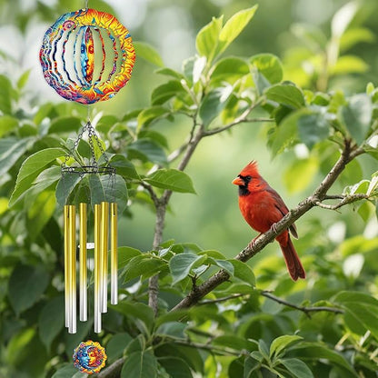 Wind Chime with Sun and Moon Spinner, Celestial Gift for Women, Hanging Metal Wind Catcher with 2" Center Pendant, 6" 3D Stainless Steel Kinetic Art for Garden Yard Décor