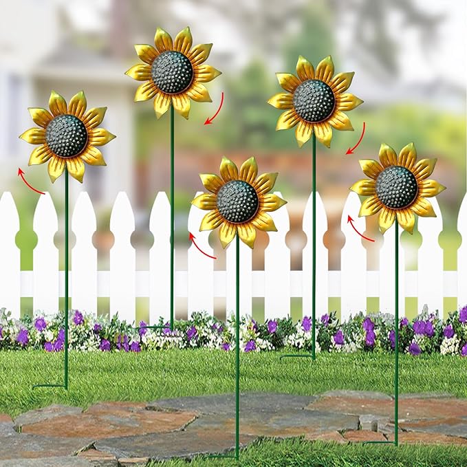Wind Spinners Outdoor,5 Pack Sunflower Garden Stakes for Outdoor Decorations,Metal Wind Spinner Yard Art Decor for Patio,Lawn