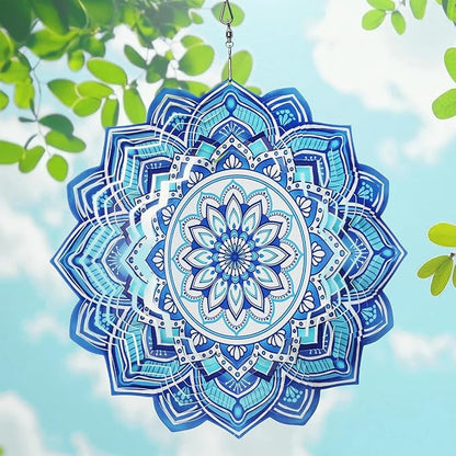 Wind Spinner Mandala Blue, 12-Inch 3D Kinetic Stainless Steel Metal Hanging Wind Spinners Outdoor, Flowers Yard Art Garden Porch Indoor Outdoor Decor