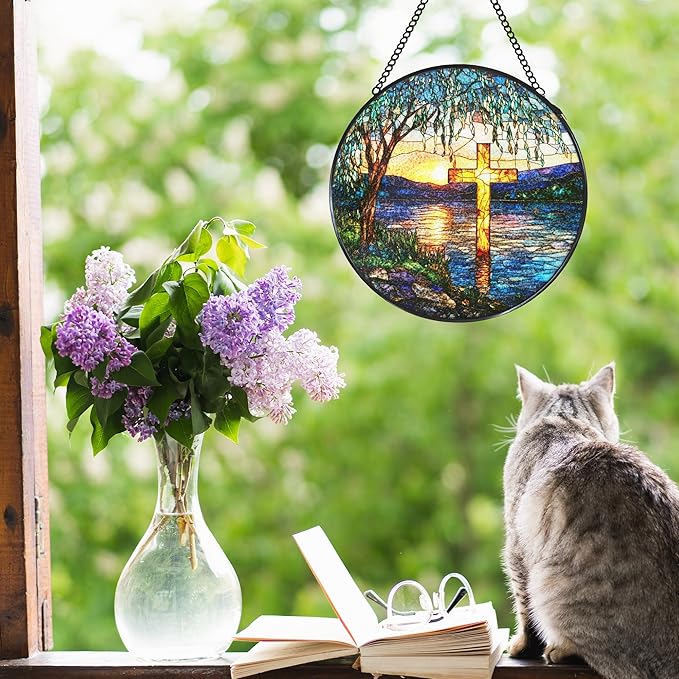 Cross Willow Tree Stained Glass Window Hanging Suncatcher, Christian Willow Sunset Sun Catcher Indoor Window Decor, Religious Painted Glass Round Wall Hanging Decorations, 7.8x7.8 in