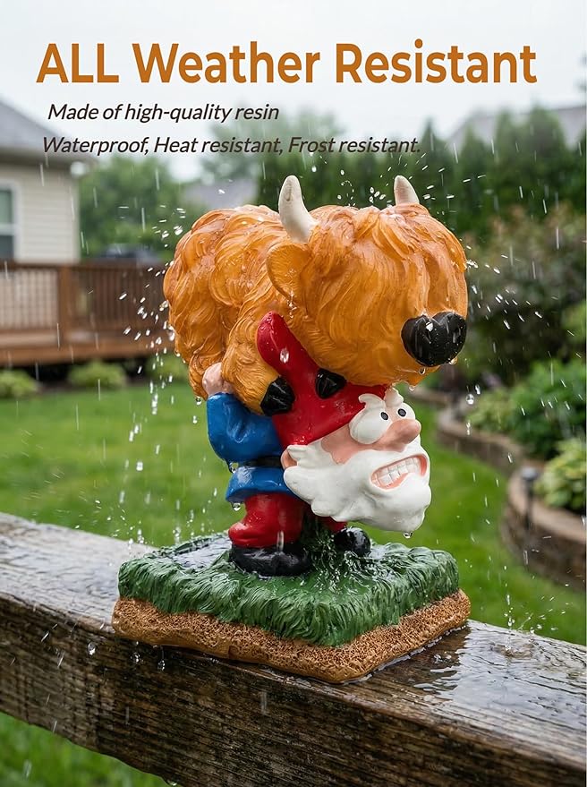 Garden Gnome Statue Highland Cow Gift,Yard Patio Balcony Outdoor Decor Solar Light Figurine, Christmas, Housewarming, Idea Gift for Mom, Neighbor,Gnome Lover