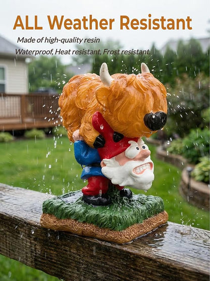 Garden Gnome Statue Highland Cow Gift,Yard Patio Balcony Outdoor Decor Solar Light Figurine, Christmas, Housewarming, Idea Gift for Mom, Neighbor,Gnome Lover