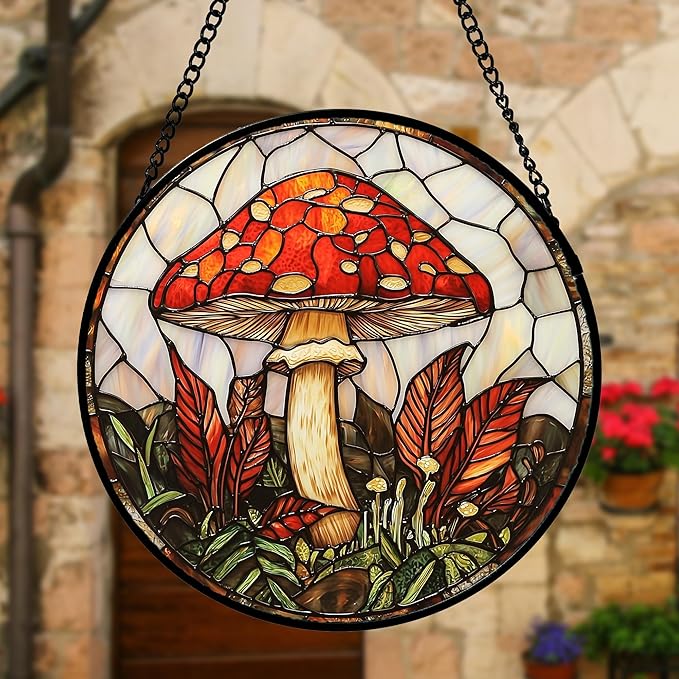 DASTOLL Stained Glass Window Hanging, Big Red Mushroom Suncatcher for Doors Home Sun Catchers Decoration and Christmas, Mother's Day Birthday Gifts for Women, Men, and Mom 11.8x11.8 in