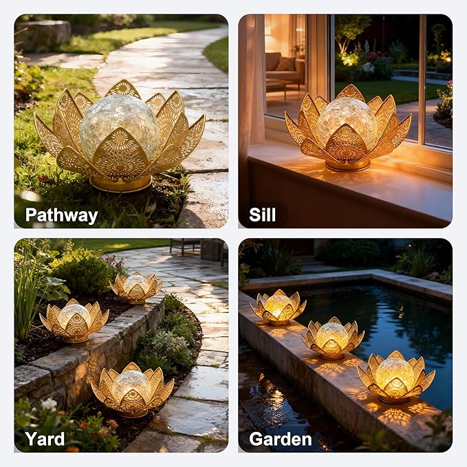 Solar Lights Outdoor Waterproof Lotus Flower Metal Yard Art Decoration Crackle Globe Glass Solar Lamp Garden Decor for Outside, Flowerbed Lawn Patio Porch Pathway Pond Decorations