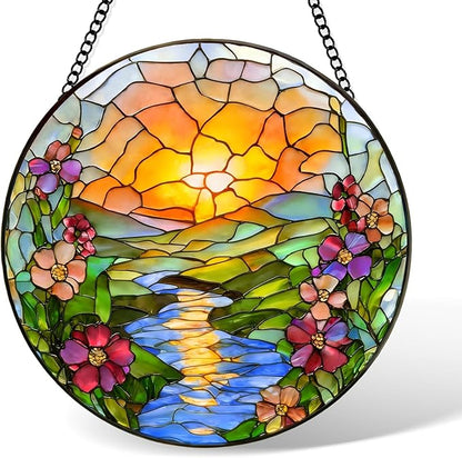 Stained Glass Window Hanging, Sunrise Lake Sun Catchers Glass Panel, Suncatcher Window Decor 8", Birthday for Women Men Mom and Friend Colleague