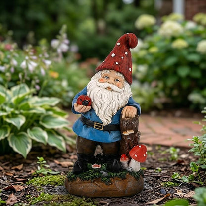 Topadorn Garden Gnome Statue LED Light Solar Energy Gnome Figurine with Ladybug on Hand Mushroom for House, Lawn Decor 11 Inch