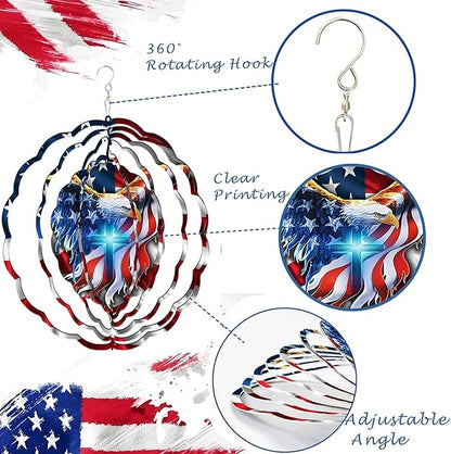 American Flag Wind Spinner 12 Inch - 3D Patriotic Eagle & Christian Cross Outdoor Decor, Stainless Steel Hanging Yard Spinner, Gift for 4th of July, Veterans, Mom, Dad, Home & Garden