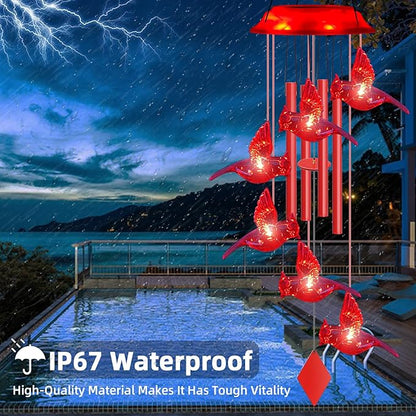 Solar Wind Chimes for Outside - 37" WANQDG 6 LED Cardinal Bird Wind Chime Light with 4 Red Metal Tube, Music Wind Chimes Great as a Gift for Women mom Grandma Best Friends' Birthday Gift