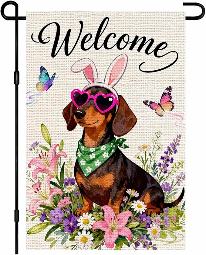 IVN Spring Dachshund Garden Flag 12x18 Welcome Dog Bunny Ears Heart Sunglasses Floral Wildflowers Spring Butterflies Watercolor Double Sided Burlap Yard House Flag Seasonal Outdoor Decoration for Outside Home Front Door Lawn Porch Patio Welcome Summer ...
