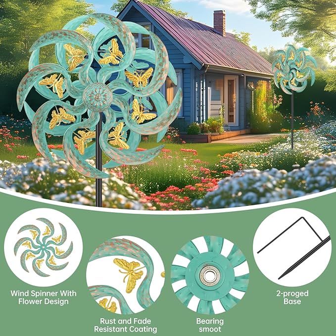 Metal Wind Spinner Outdoor, Golden Butterfly Kinetic Wind Sculpture Spinners with Metal Stake, Yard Art Decor for Patio, Lawn & Garden, Creative Gifts 57.5 * 13.4 Inch