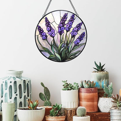 Lavender Flower Stained Glass Window Hanging Suncatchers, Purple Lavender Sun Catchers Indoor Window Glass Wall Art Decor, Floral Botanical Wall Hanging Decorations Sculptures, 7.9x7.9in