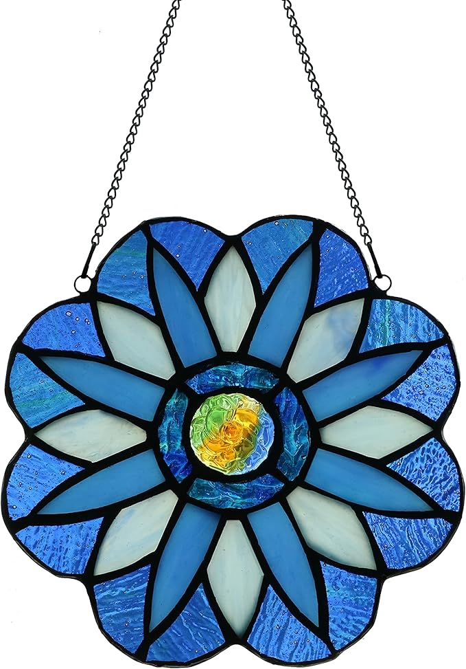 Stained Glass Window Panels,Flower Handmade Art Crafts Suncatcher for Window or Wall (Blue Mandala)