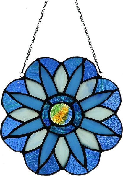 Stained Glass Window Panels,Flower Handmade Art Crafts Suncatcher for Window or Wall (Blue Mandala)