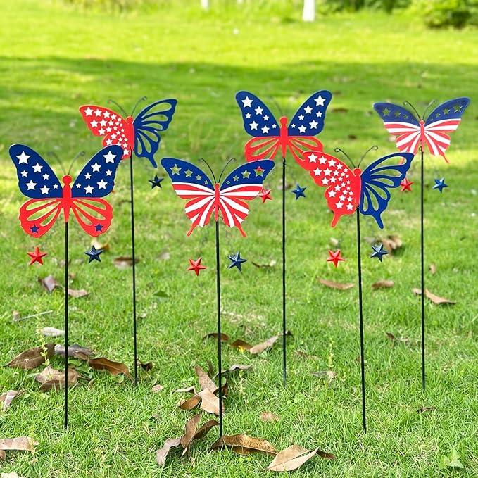 6 Pcs 4th of July Decorations Outdoor,18.2" Red White Blue Metal Butterfly Decorative Garden Stakes for Independence Day,Americana Patriotic Yard Signs Decor for Garden Lawn Porch
