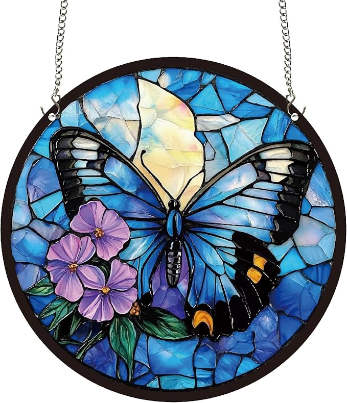 CREATCABIN Butterfly Sun Catchers Round Acrylic Suncatchers Stained Animals Window Wall Art Hanging Ornaments with Metal Chain for Housewarming Living Room Bedroom Home Garden Decor 9.8 Inch