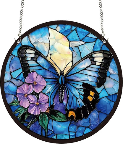 CREATCABIN Butterfly Sun Catchers Round Acrylic Suncatchers Stained Animals Window Wall Art Hanging Ornaments with Metal Chain for Housewarming Living Room Bedroom Home Garden Decor 9.8 Inch