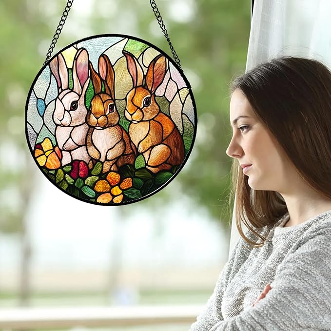 Stained Glass Window Hanging - 3 Cute Rabbits Suncatcher for Doors Garden Patio Bunny Sun Catchers Decor Christmas Mother's Day Birthday Teenager Gifts for Women Men Mom Nana Friend 6.3 in