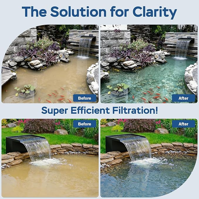 All-in-1 Pond Waterfall Kit with LED Light, 8-inch Stainless Steel Spillway with 660GPH Pump Filter Box, 3-Stage Filtration Outdoor Waterfall for Water Feature, Garden, Backyard, Pool