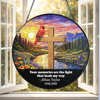 Personalized Cardinal Memorial Cross Stained Glass, Religious Crystal Window Hanging, Memorial Suncatcher for Loss of Loved One, Christian Sympathy Gift for Nana Grandpa, Cross Garden Decor