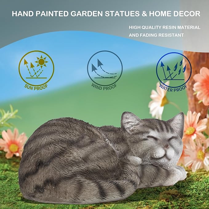 Elenon Cat Garden Statue Decorative for Yard, Grey Tabby Sleeping Cat Figurines Home Lawn Decor, Patio Kitten Tuxedo Statues Pets Memorial Ornament for Cat Lovers