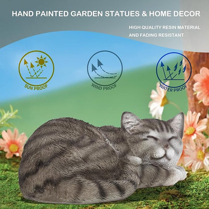 Elenon Cat Garden Statue Decorative for Yard, Grey Tabby Sleeping Cat Figurines Home Lawn Decor, Patio Kitten Tuxedo Statues Pets Memorial Ornament for Cat Lovers