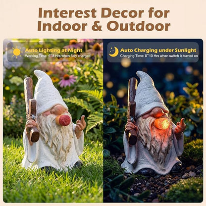 EXYGLO Solar Gnome Garden Decor Statue, 5.7" Middle Finger Gnome with Flickering Cigar Outdoor Funny Decoration for Lawn, Patio, Yard, and Unique Housewarming, Individual Birthday Ornament Gift