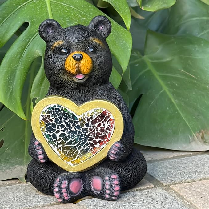 Solar Garden Sculpture: Unique Resin Black Bear Holding a Heart Outdoor Mosaic Solar Light Ideal for Gardens, patios, and courtyards Gift or Decorative piece-Black