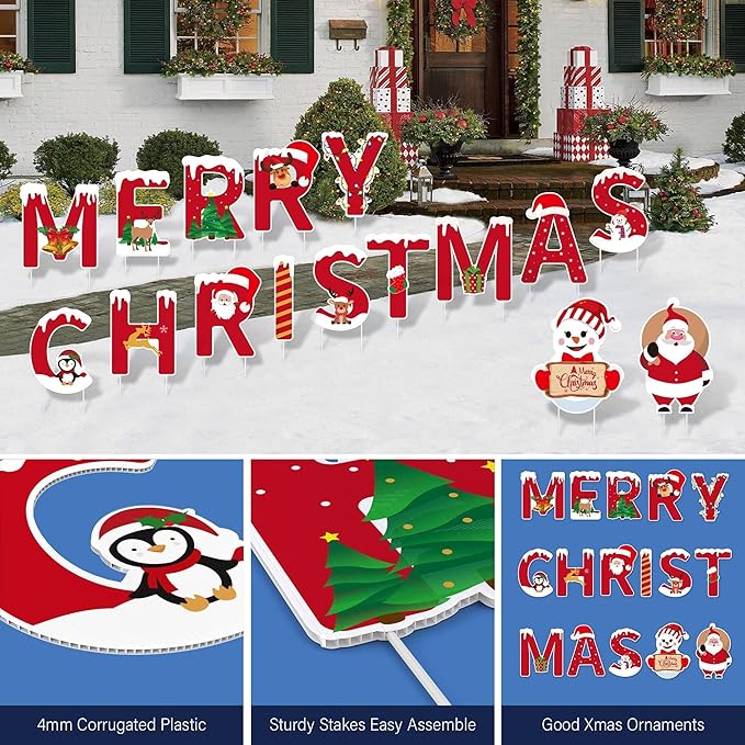 16 Pcs Merry Christmas Yard Signs Stakes Decoration Novel All Weatherproof Outdoor Christmas Lawn Garden Signs Decorations 32PCS Stakes Thickened Corrugated Yard Signs Easy Install