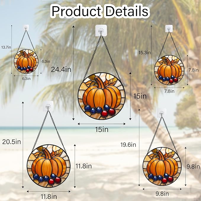 DASTOLL Stained Glass Window Hanging Fall Pumpkin Berries 7.8" - Suncatcher Door Garden Kitchen Sunroom Sun Catcher Autumn Home Decor Birthday for Mom Grandma Men Woman