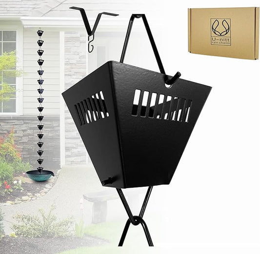 U-nitt Rain Chain Water Collection for Gutters Rainwater Catcher & Diverter, 8.5 FT Chains for Outside Garden, Black Square Cups, Roof Downspout, Works with Heavy Rain, w/ Gutter Clip for Rainchains