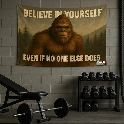 Believe in Yourself Flag – 3x5 FT Bigfoot Sasquatch Outdoor Banner with 2 Metal Grommets – Funny Motivational Yard, Porch, or Man Cave Décor