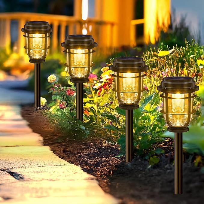 Vuees Bright Solar Pathway Lights Outdoor, 6 Pack Waterproof IP65, Auto On/Off Solar Powered Garden Lights for Yard Lawn Walkway Landscape Pool Outside - 3-in-1 Hanging, Tabletop & Stake Lighting