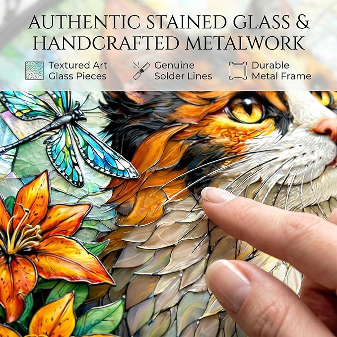 Stained Glass Cat Suncatcher, Double-Sided Light Sun Catchers Indoor Window, Stained Glass Window Hanging Panel, Cat Suncatcher for Windows Hanging Home Decor Mom Gift (6 Inch)