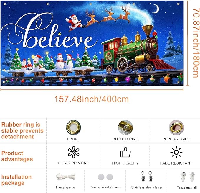 IVN Christmas Garage Door Cover Decoration 13x6ft Night Sky Train Sleigh and Stars Merry Christmas Garage Door Banner Home Door Front Yard Decor for Xmas Eve Holiday Outdoor