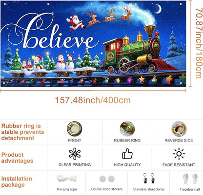 IVN Christmas Garage Door Cover Decoration 13x6ft Night Sky Train Sleigh and Stars Merry Christmas Garage Door Banner Home Door Front Yard Decor for Xmas Eve Holiday Outdoor