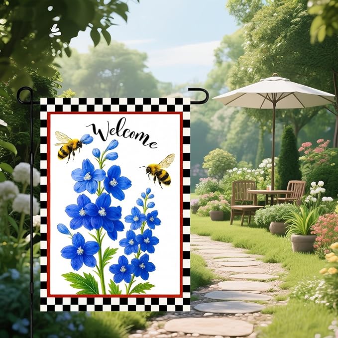 IVN Floral Welcome Garden Flag 12x18 Inch Double Sided Yard Flag Double Sided Bluebells Flowers with Bees Decorative Small Flags for Outside Seasonal Farmhouse Yard Outdoor Decoration Flags
