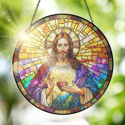 FLAGWIX Christian Gifts for Women Faith - Sacred Heart Stained Glass Window Hanging 8 in - Birthday Catholic Religious Gifts, Suncatchers Windows Hanging, Spiritual Suncatcher Home Garden Decor