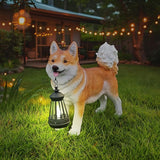 Akita Dog Garden Statue with Solar Lantern & Double-Sided Welcome Sign, Cute Shiba Inu Outdoor Decor Figurine for Patio Lawn Yard, Waterproof Resin Animal Sculpture, Dog Lover Gift