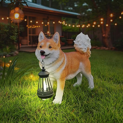 Akita Dog Garden Statue with Solar Lantern & Double-Sided Welcome Sign, Cute Shiba Inu Outdoor Decor Figurine for Patio Lawn Yard, Waterproof Resin Animal Sculpture, Dog Lover Gift