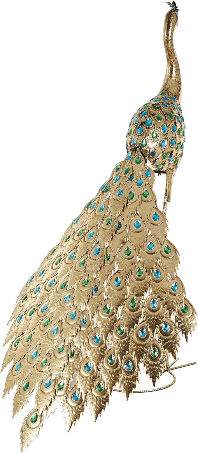 Deco 79 Metal Peacock Decorative Garden Sculpture Garden Statue with Blue and Green Jewels, Outdoor Sculpture 44" x 27" x 52", Brass