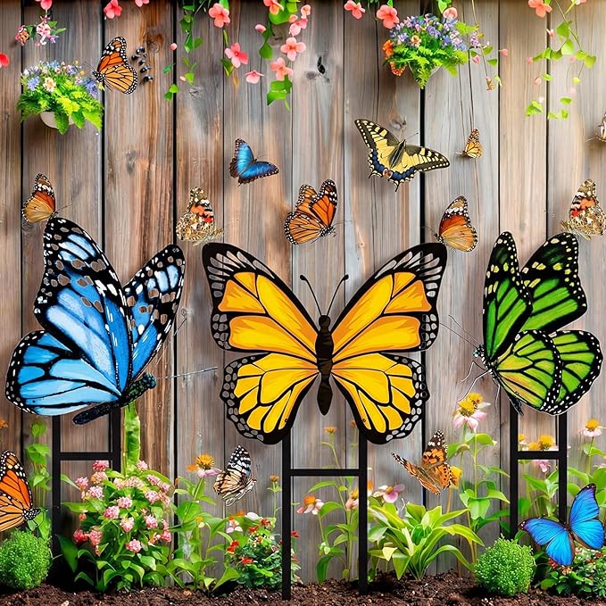 3 Pcs Spring Metal Butterfly Garden Stakes Decor 16.5 Inch Decorative Green Yellow Blue Butterfly Yard Stake Outdoor Insect Decor Metal Garden Art Ornaments for Patio Porch Lawn Backyard