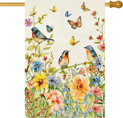 Baccessor Spring Floral Birds House Flag Double Sided 28x40 Inch Burlap,Flower Butterflies Large Garden Flag Porch Patio Front Entry Yard Seasonal Farmhouse Outside Outdoor Decor