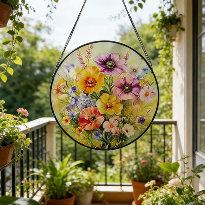 Stained Glass Window Hanging, 9.8 Inch Poppy & Wildflower Suncatcher for Window Hanging, Vibrant Glass Art for Garden Home Window Decor, Gift for Mom, Grandma, Wife, Nana