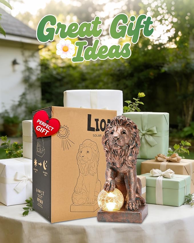 Nacome Guardian Lion Garden Decor: Outdoor Decoration Statue with Ball Lights for Yard Art Porch Patio Balcony - Unique Birthday Choice for Women Mom Lover - 9.45in (Copper)
