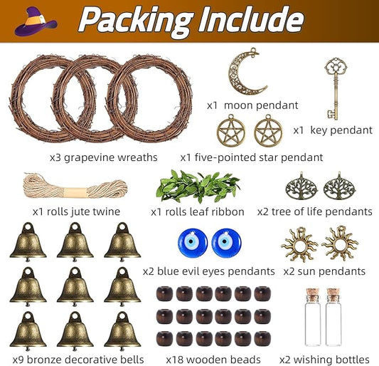 44 Pcs Witch Bells DIY Kit for Door Knob, with Wreaths Protection Witch for Bell Witchy Decor Hanging Wall Home Bedroom Garden Witchcraft Decorations Witches Wind Chimes Decor Retro Color