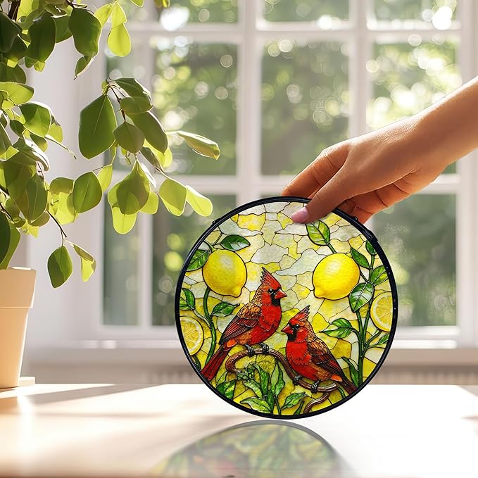 Lemon Cardinal Suncatchers Stained Glass Window Hanging, Lemon Kitchen Decor, Red Cardinal Sun Catchers Indoor Window Glass Round Wall Decor, Kitchen Mediterranean Wall Hanging, 7.9x7.9in
