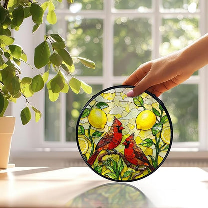 Lemon Cardinal Suncatchers Stained Glass Window Hanging, Lemon Kitchen Decor, Red Cardinal Sun Catchers Indoor Window Glass Round Wall Decor, Kitchen Mediterranean Wall Hanging, 7.9x7.9in