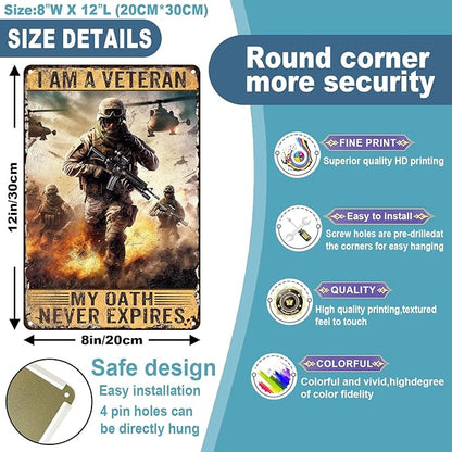 Eterans Day Metal Tin Sign I am A Veteran My Oath Never Expires Retro Tin Sign For Backyard Garage Man Cave Shed Office Craft Room Living Room Coffee Bar Wall Decor Home Sign Gift 8x12 inch