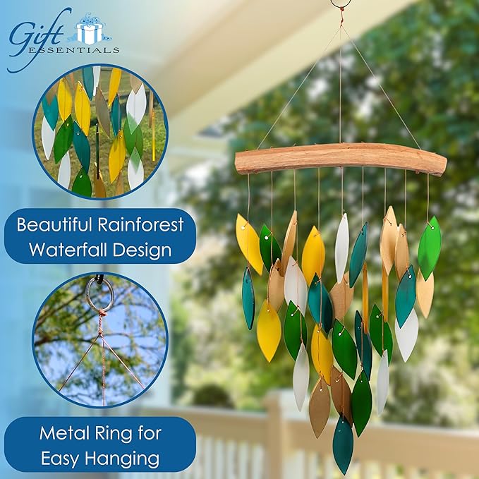 Blue Handworks Rainforest Waterfall Glass and Driftwood Chime, Sandblasted Glass and Found Wood Handcrafted Wind Chime