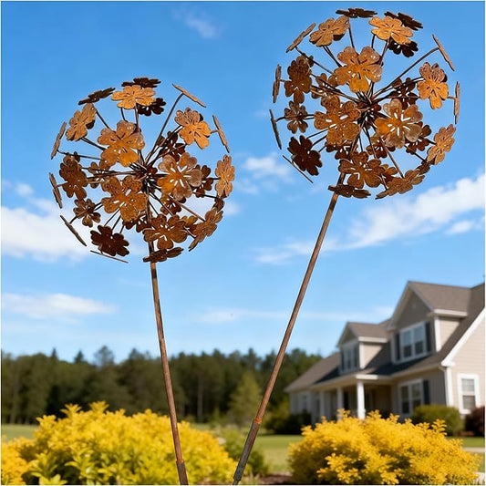 2 Pack Metal Flower Stakes for Outside, 3D Rusty Metal Plants Garden Statues Yard Art, Outdooor Decorative Garden Stake for Flower Bed Lawn Balcony Flower Pot (Style 2)